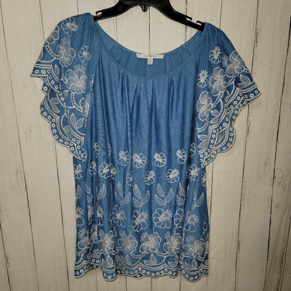 Fever Tops - FEVER Short Sleeve BOHO Embroidered Top blue xl